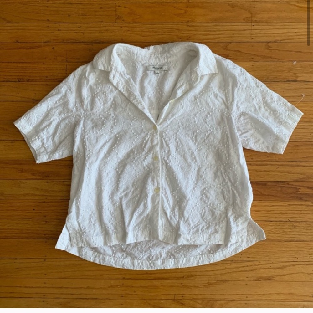 Madewell White Eyelet Crop Button Top